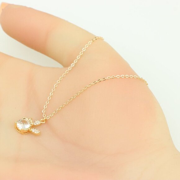 Elegant Rose Gold Necklace with Clear Crystal & Bow Charm, XPNL0413 - Picture 3 of 12